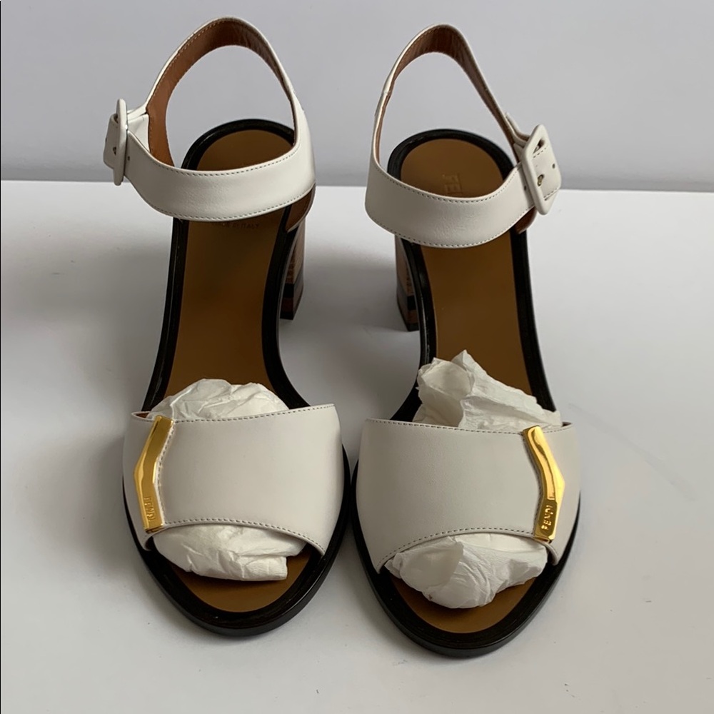 Fendi White Leather Heeled Women's Sandals with Gold Accent and Ankle Strap